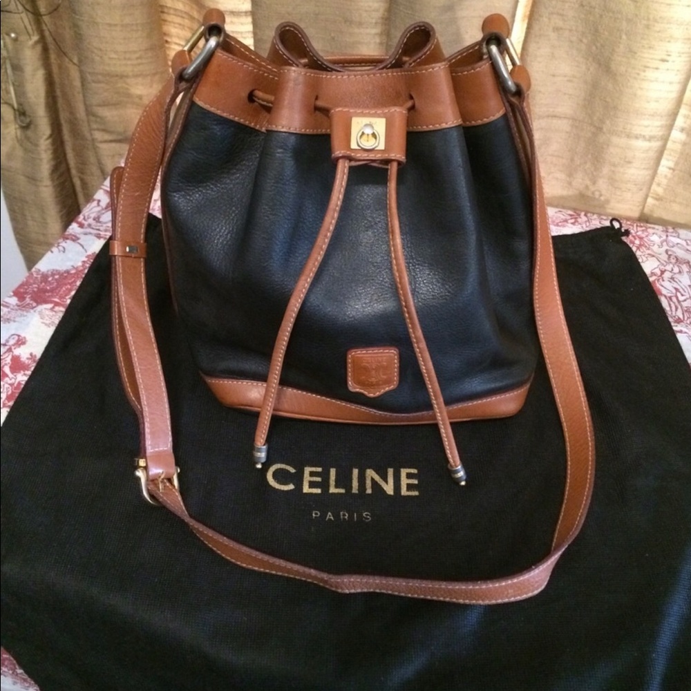 CELINE Rare All Leather Bucket Shoulder Bag/Purse